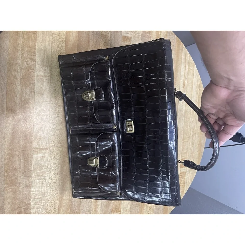 BROWN CROCO PRINT FAUSE LEATHER‎ VINTAGE CELEBRITY 2 POCKETS FLAP BRIEFCASE